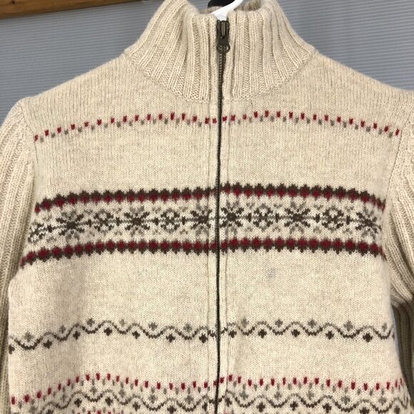 EDDIE BAUER Vintage Lambswool Cream Brown Red Fair Isle Zipper Knit Cardigan SzS - Picture 2 of 12